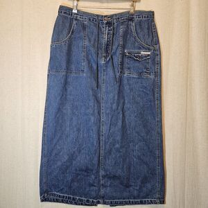Vintage Frantic Denim Cargo Maxi Skirt Medium Wash Y2K 90s Drawstring Size 18